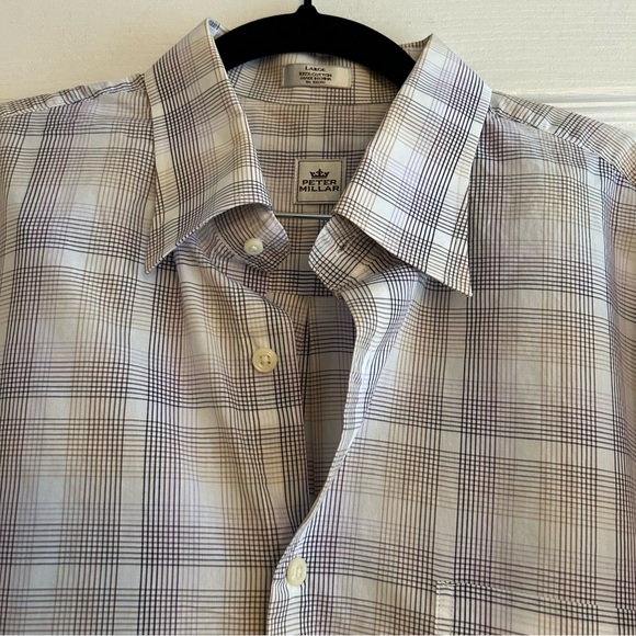 Peter Millar Long Sleeve 100% cotton button down purple tan stripe shirt size L - Picture 2 of 7